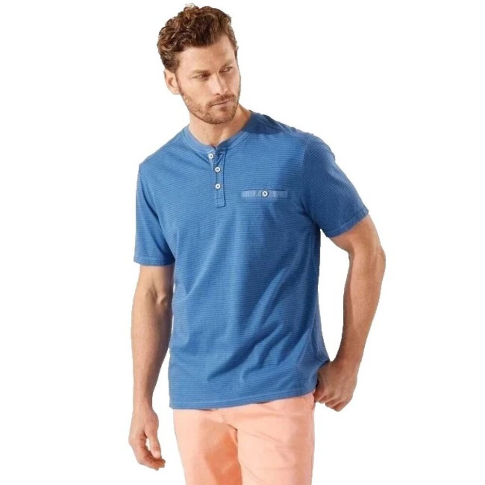 Tommy Bahama Men’s Medium Dutch Blue Schooner Stripe Short Sleeve Henley Tee